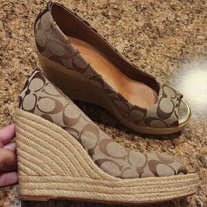 COACH "Milan" Monogram "C"  Canvas Peep-Toe Wedge Espadrilles - Size 8.5